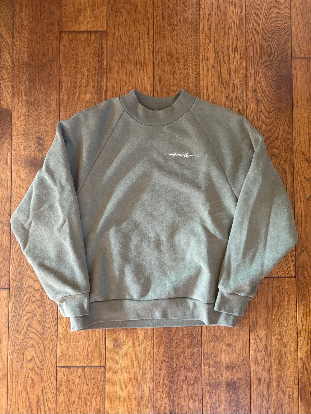 OAK + FORT Olive Green "Smile" Embroidered Fleece Sweatshirt - Size L